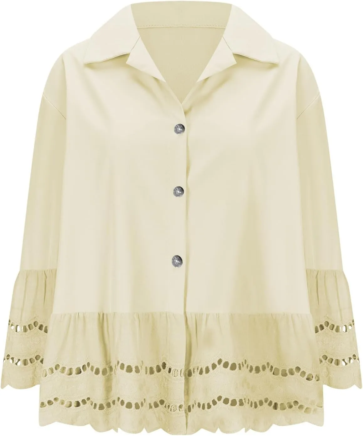 2025 Womens 3/4 Bell Sleeve Button Down Shirts Casual Ruffle Hem Tops Eyelet Blouse Lapel Tees Vacation Blouses