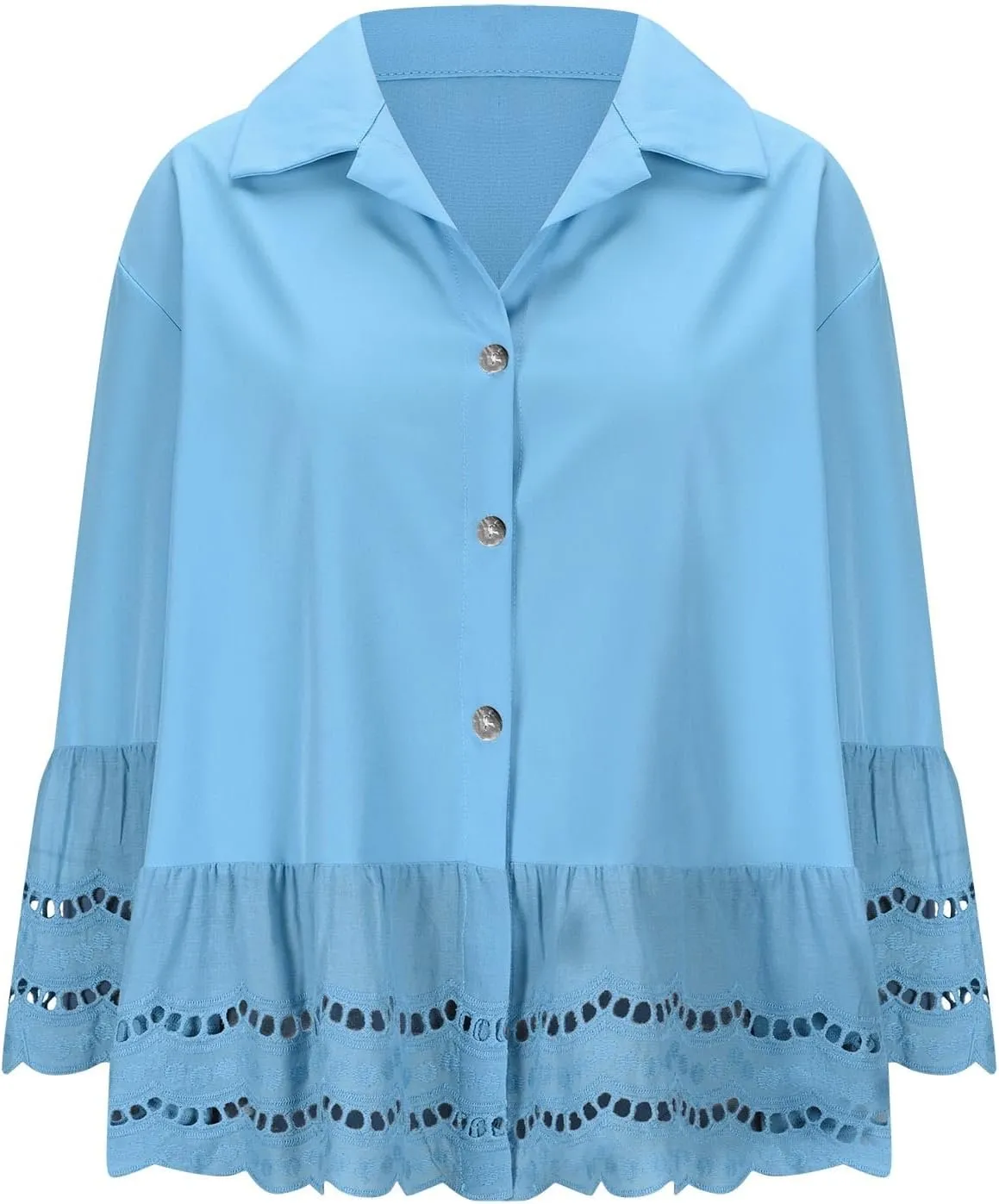 2025 Womens 3/4 Bell Sleeve Button Down Shirts Casual Ruffle Hem Tops Eyelet Blouse Lapel Tees Vacation Blouses
