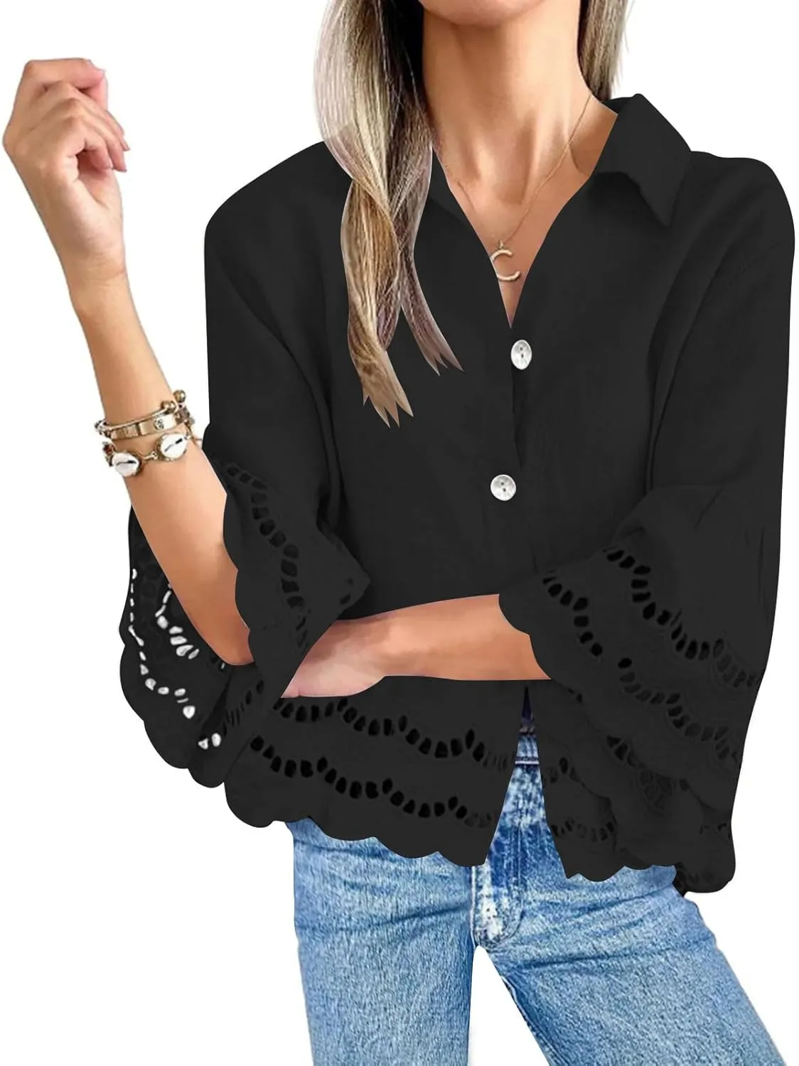 2025 Womens 3/4 Bell Sleeve Button Down Shirts Casual Ruffle Hem Tops Eyelet Blouse Lapel Tees Vacation Blouses
