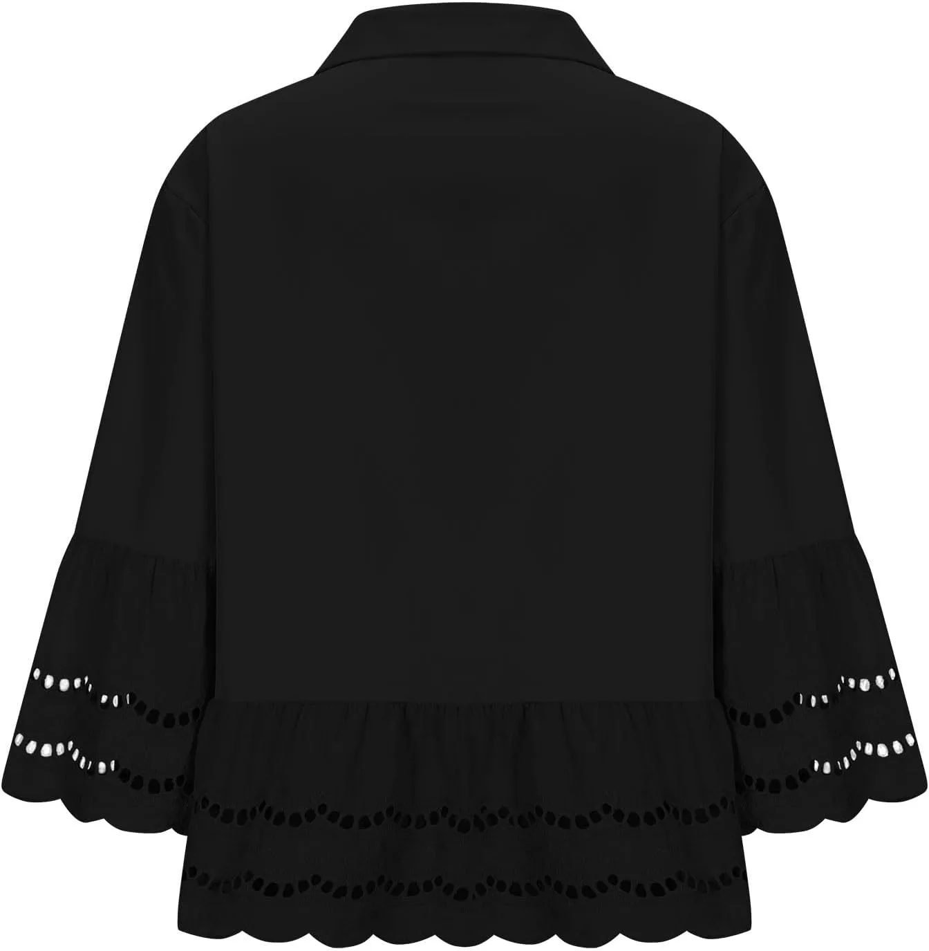 2025 Womens 3/4 Bell Sleeve Button Down Shirts Casual Ruffle Hem Tops Eyelet Blouse Lapel Tees Vacation Blouses