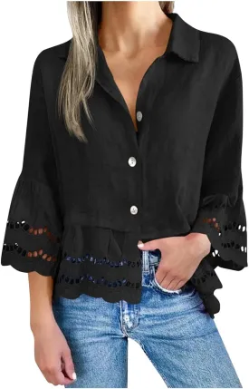 2025 Womens 3/4 Bell Sleeve Button Down Shirts Casual Ruffle Hem Tops Eyelet Blouse Lapel Tees Vacation Blouses