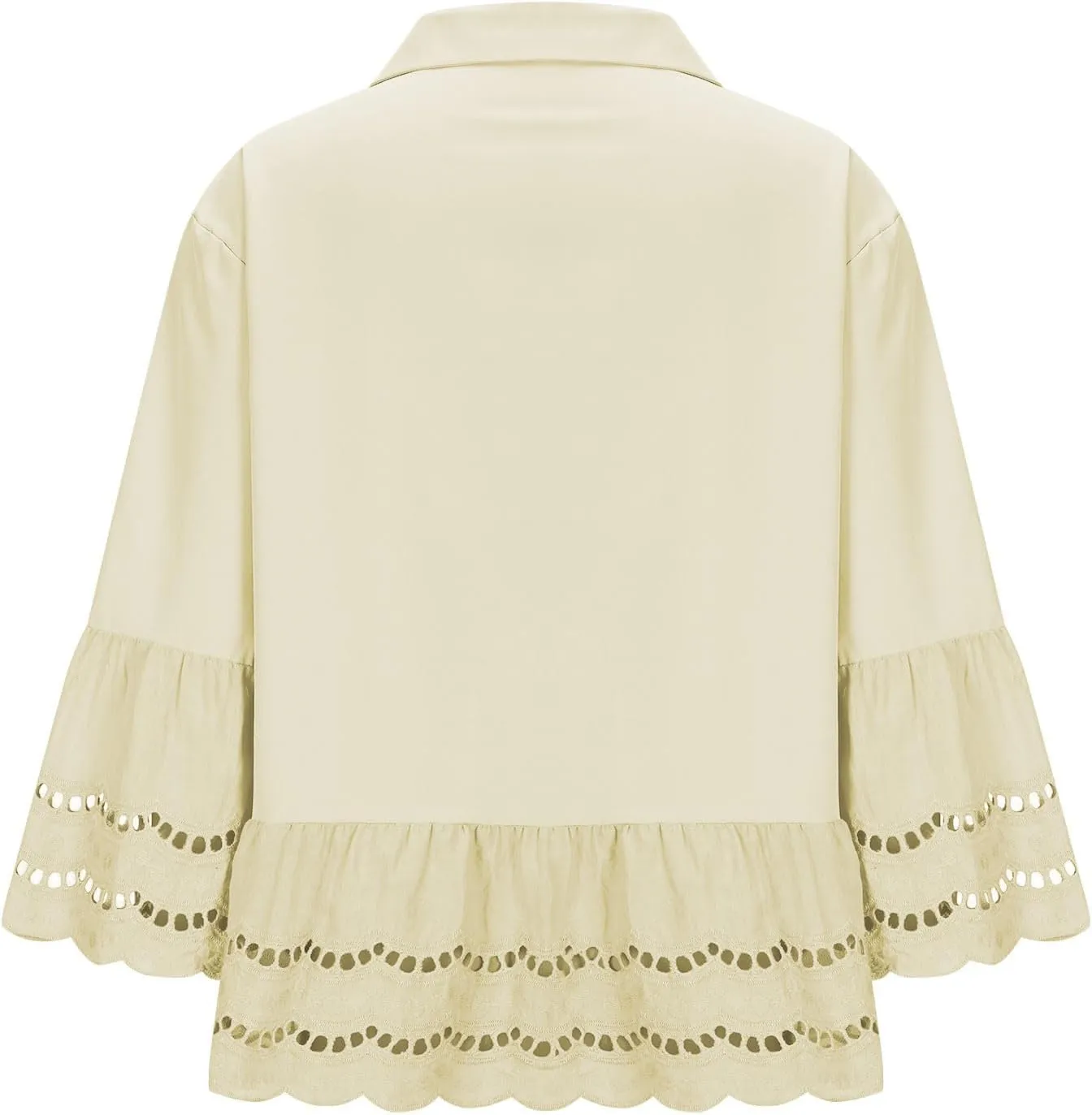 2025 Womens 3/4 Bell Sleeve Button Down Shirts Casual Ruffle Hem Tops Eyelet Blouse Lapel Tees Vacation Blouses