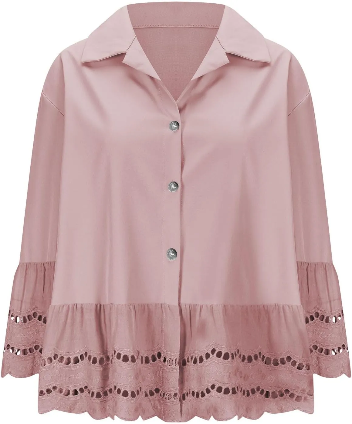 2025 Womens 3/4 Bell Sleeve Button Down Shirts Casual Ruffle Hem Tops Eyelet Blouse Lapel Tees Vacation Blouses