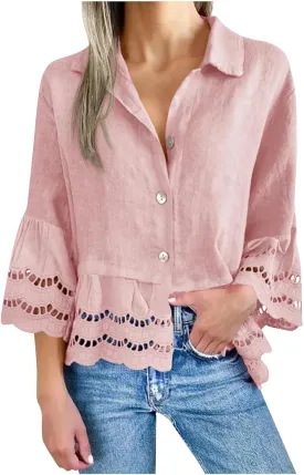 2025 Womens 3/4 Bell Sleeve Button Down Shirts Casual Ruffle Hem Tops Eyelet Blouse Lapel Tees Vacation Blouses