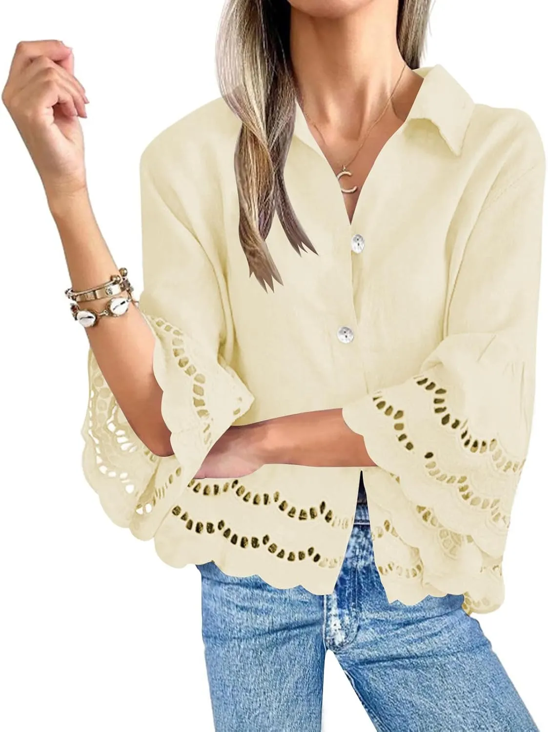 2025 Womens 3/4 Bell Sleeve Button Down Shirts Casual Ruffle Hem Tops Eyelet Blouse Lapel Tees Vacation Blouses