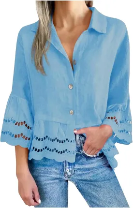 2025 Womens 3/4 Bell Sleeve Button Down Shirts Casual Ruffle Hem Tops Eyelet Blouse Lapel Tees Vacation Blouses