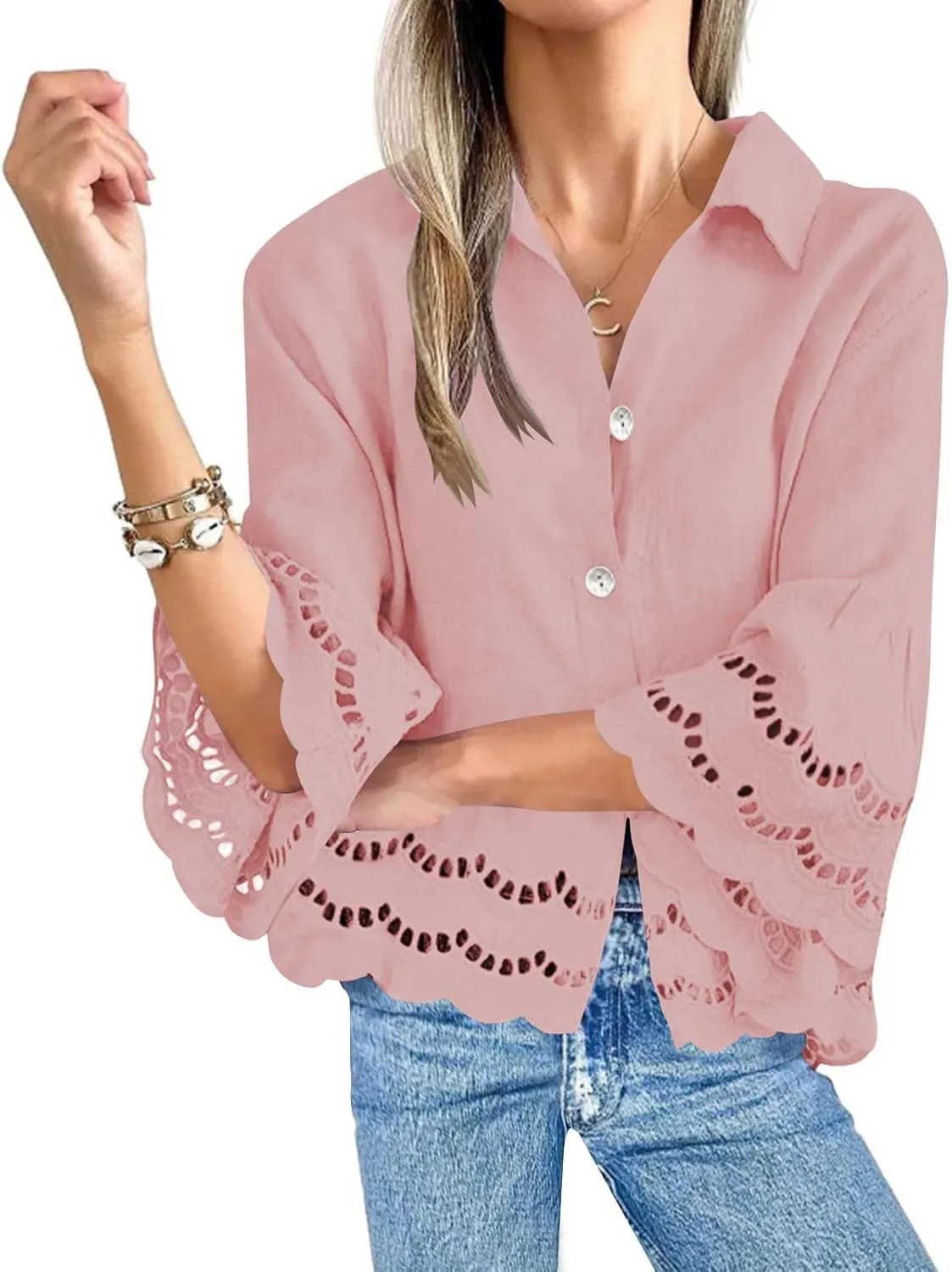 2025 Womens 3/4 Bell Sleeve Button Down Shirts Casual Ruffle Hem Tops Eyelet Blouse Lapel Tees Vacation Blouses