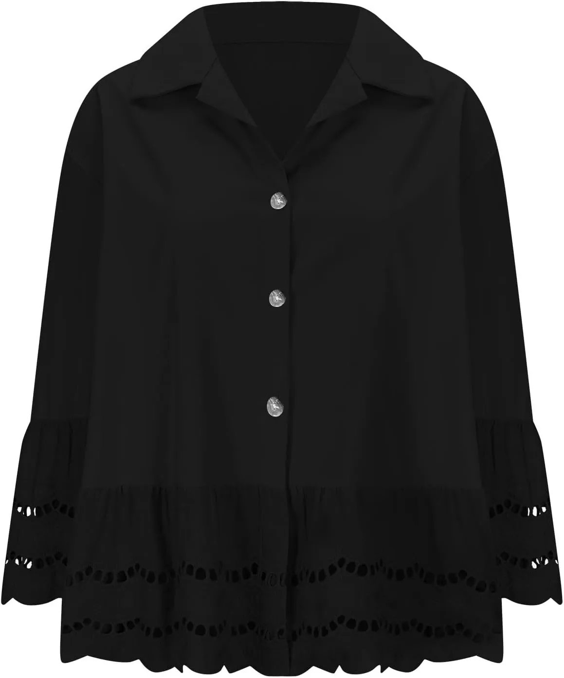 2025 Womens 3/4 Bell Sleeve Button Down Shirts Casual Ruffle Hem Tops Eyelet Blouse Lapel Tees Vacation Blouses