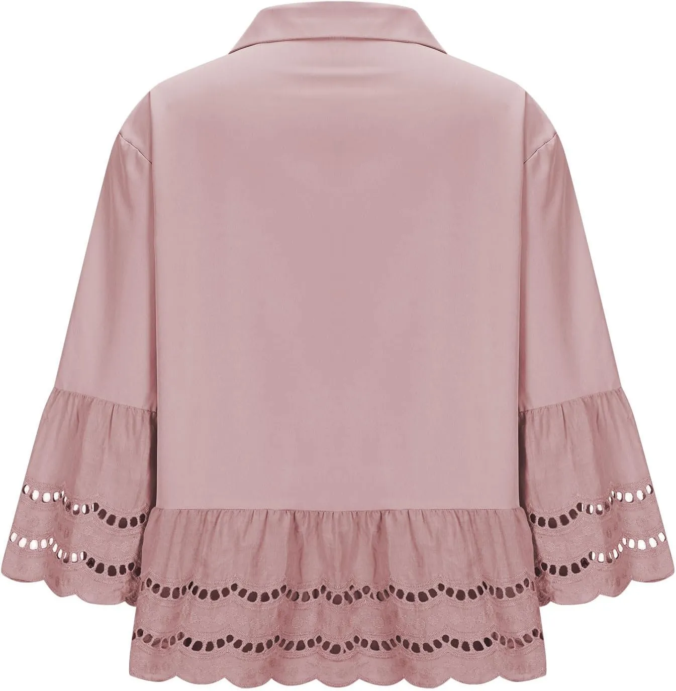 2025 Womens 3/4 Bell Sleeve Button Down Shirts Casual Ruffle Hem Tops Eyelet Blouse Lapel Tees Vacation Blouses