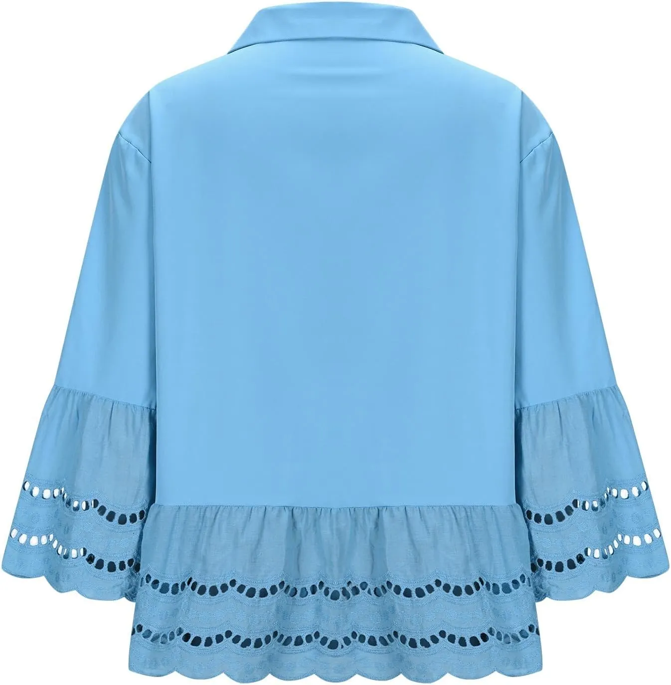 2025 Womens 3/4 Bell Sleeve Button Down Shirts Casual Ruffle Hem Tops Eyelet Blouse Lapel Tees Vacation Blouses