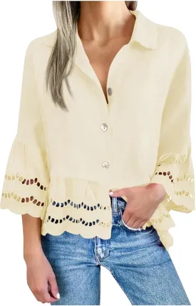 2025 Womens 3/4 Bell Sleeve Button Down Shirts Casual Ruffle Hem Tops Eyelet Blouse Lapel Tees Vacation Blouses