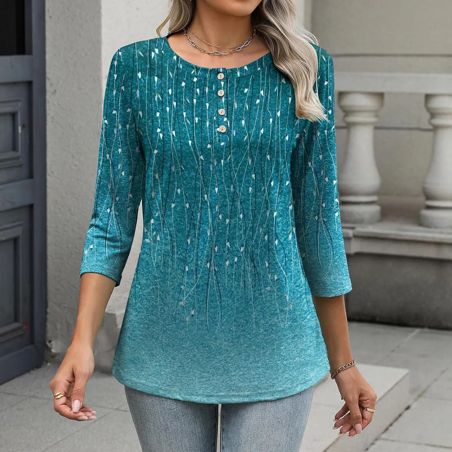 3/4 Length Sleeve Womens Summer Tops 2025 Button Crew Neck Blouses Dressy Casual Loose Fit Floral/Patriotic Shirts