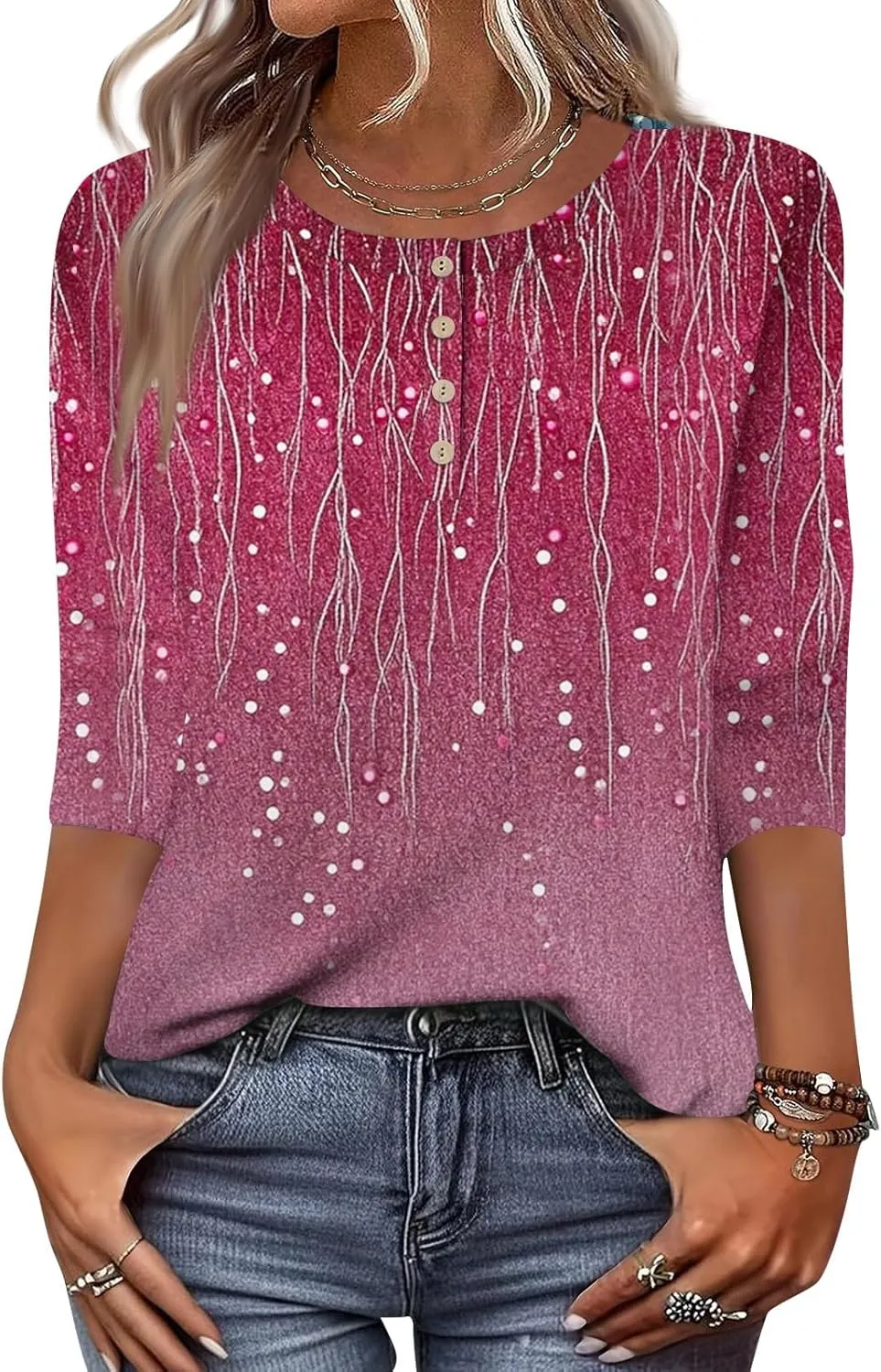 3/4 Length Sleeve Womens Summer Tops 2025 Button Crew Neck Blouses Dressy Casual Loose Fit Floral/Patriotic Shirts