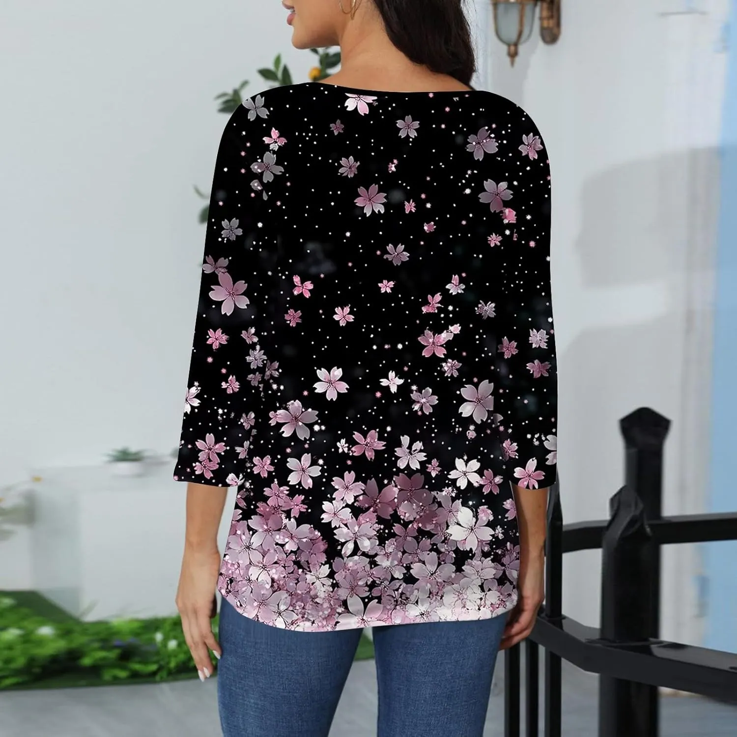 3/4 Length Sleeve Womens Summer Tops 2025 Button Crew Neck Blouses Dressy Casual Loose Fit Floral/Patriotic Shirts