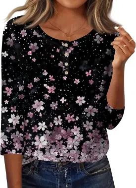 3/4 Length Sleeve Womens Summer Tops 2025 Button Crew Neck Blouses Dressy Casual Loose Fit Floral/Patriotic Shirts
