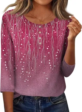 3/4 Length Sleeve Womens Summer Tops 2025 Button Crew Neck Blouses Dressy Casual Loose Fit Floral/Patriotic Shirts