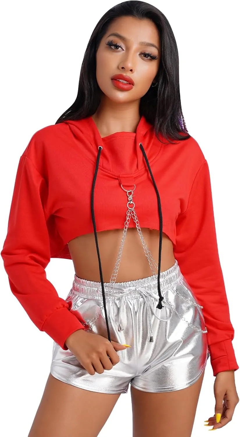 ABAFIP Women Rave Gothic Long Sleeve Crop Top Hoodie Casual Workout Music Festival Outfits Cropped Hoodies