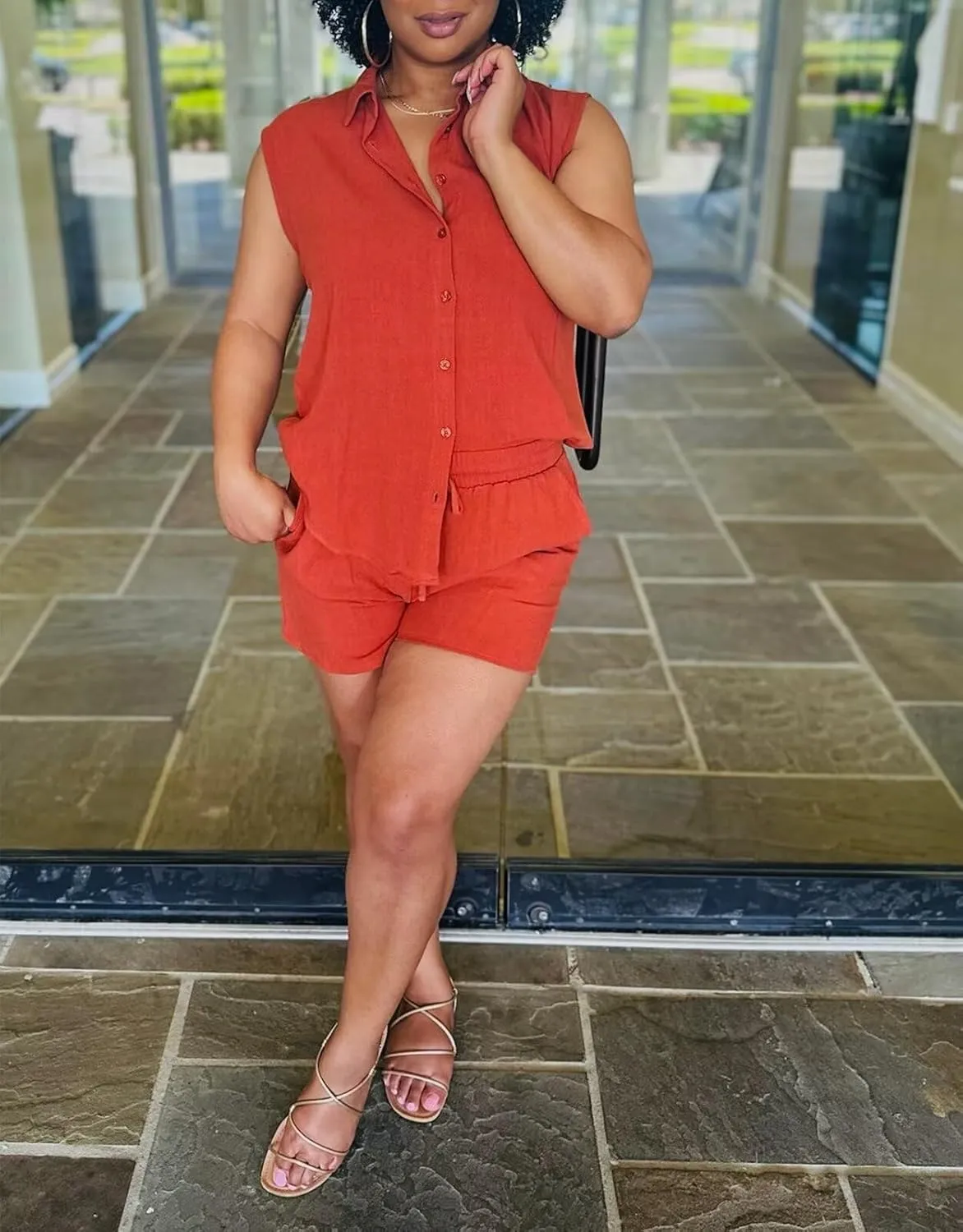 acelyn Womens 2 Piece Outfits Summer Sleeveless Button Down Shirt Tops Shorts Sets Resort Wear Lounge Beach Casual Tracksuits
