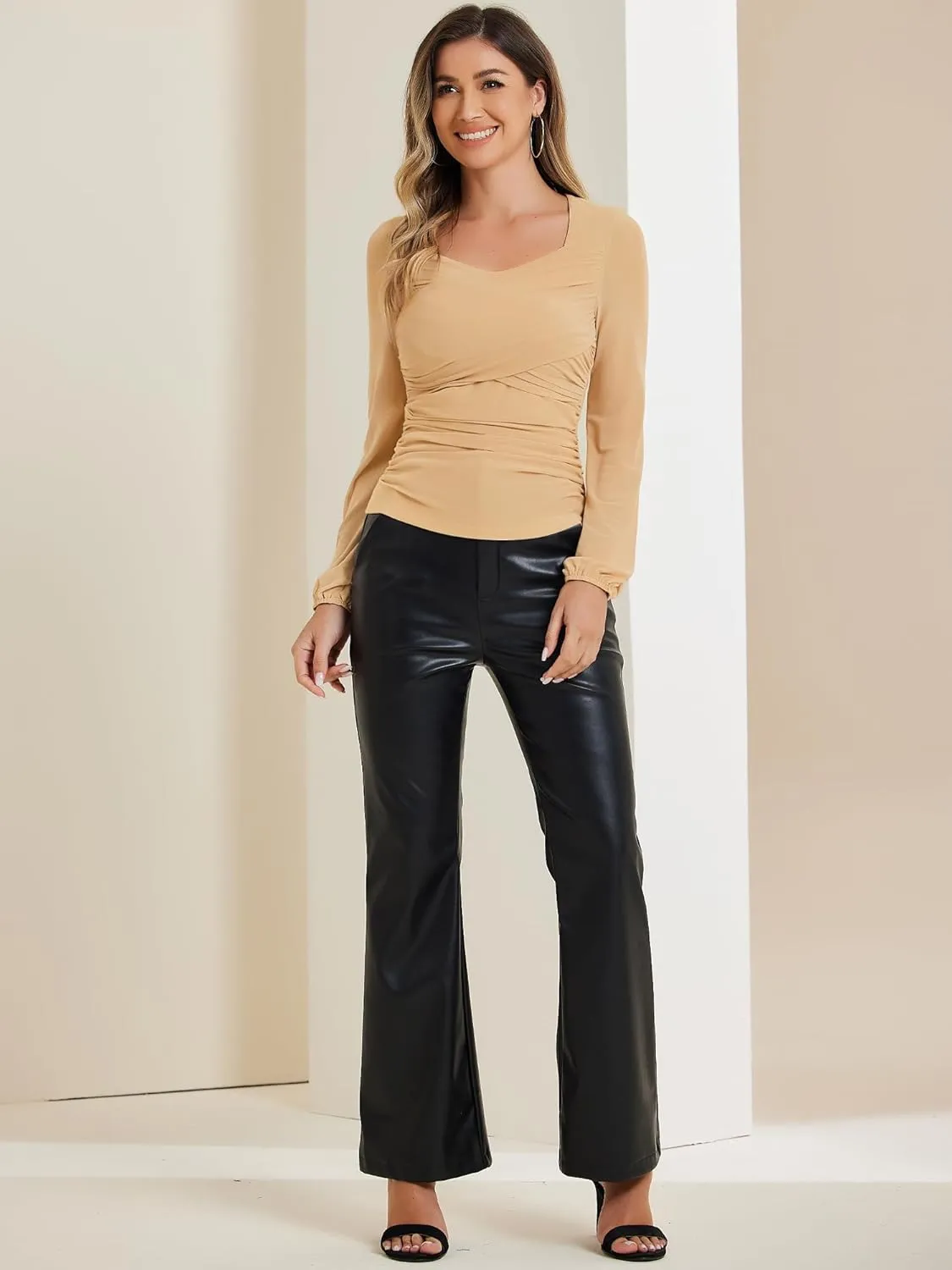 Allegra K Ruched Mesh Blouse for Women's Long Sleeve Slim Fit Dressy Casual Wrap Tops