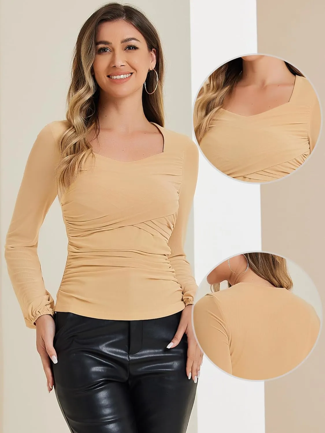 Allegra K Ruched Mesh Blouse for Women's Long Sleeve Slim Fit Dressy Casual Wrap Tops