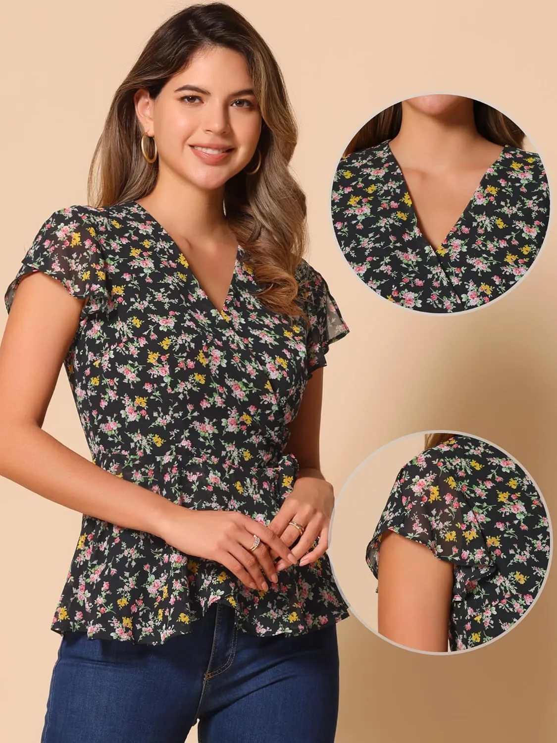 Allegra K Wrap Tops for Women's Floral Printed V Neck Slit Sleeve Tie Waist Peplum Blouse