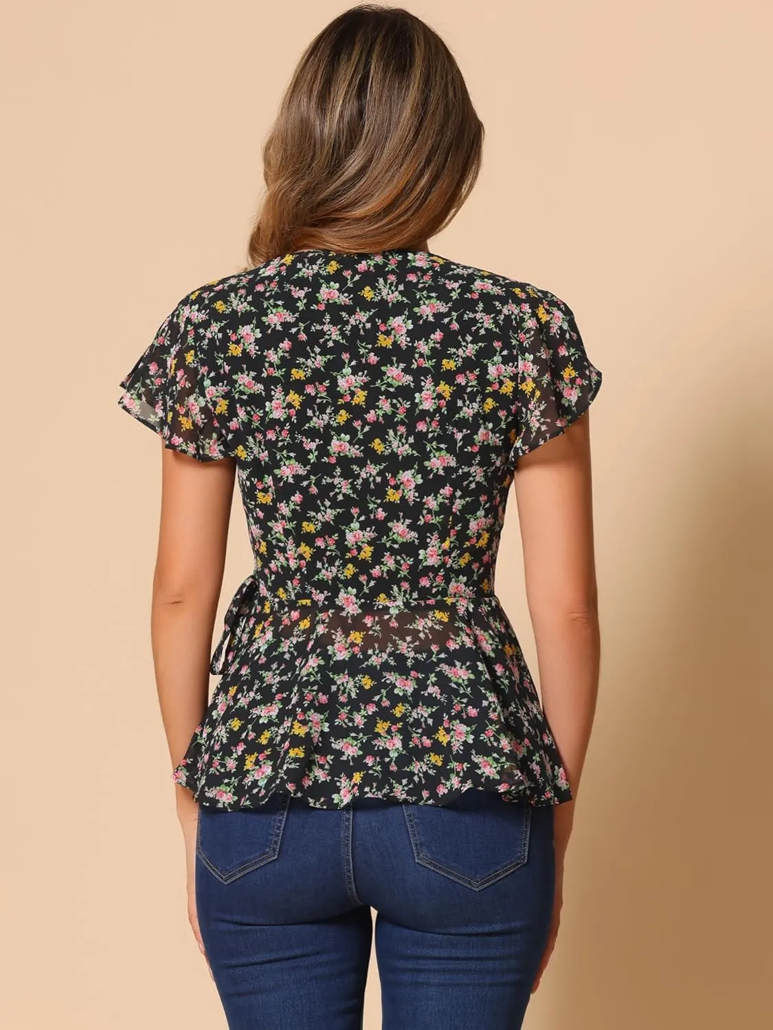 Allegra K Wrap Tops for Women's Floral Printed V Neck Slit Sleeve Tie Waist Peplum Blouse