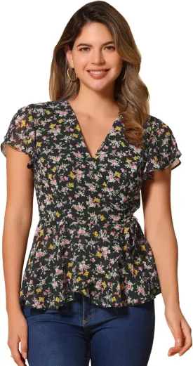 Allegra K Wrap Tops for Women's Floral Printed V Neck Slit Sleeve Tie Waist Peplum Blouse