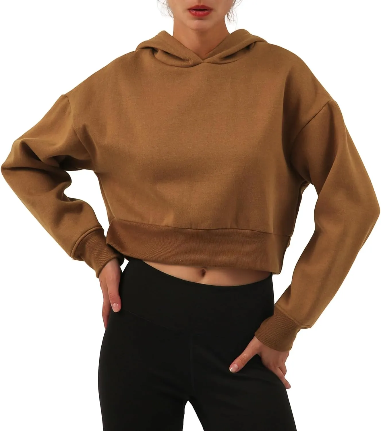 Amazhiyu Womens Fleece Cropped Hoodies Casual Long Sleeve Pullover Crop Tops