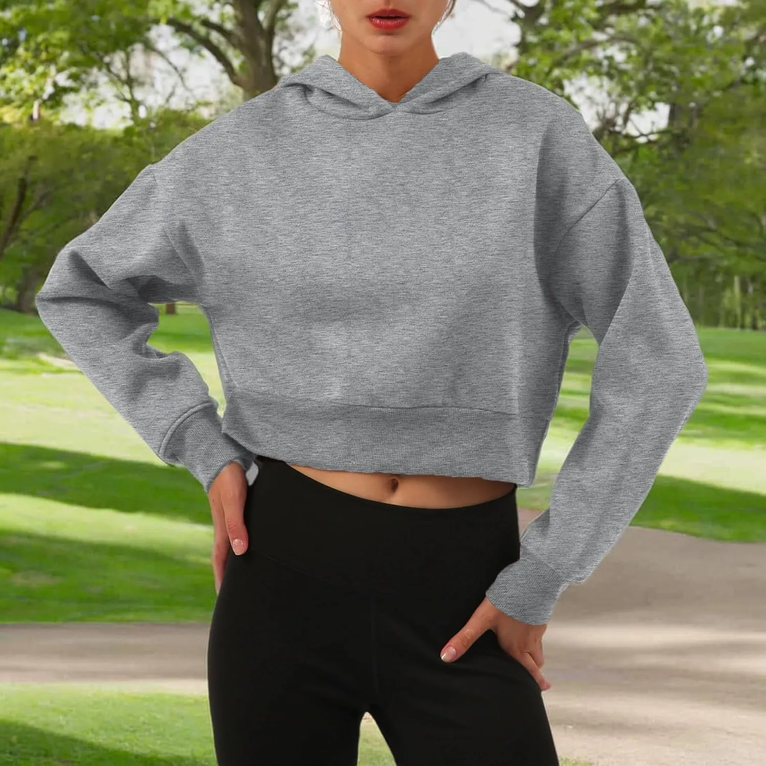 Amazhiyu Womens Fleece Cropped Hoodies Casual Long Sleeve Pullover Crop Tops