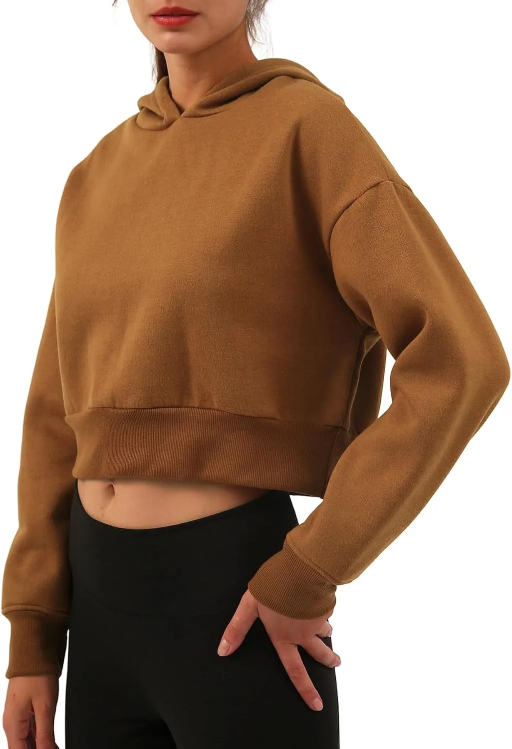 Amazhiyu Womens Fleece Cropped Hoodies Casual Long Sleeve Pullover Crop Tops