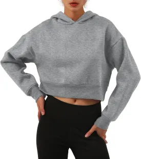 Amazhiyu Womens Fleece Cropped Hoodies Casual Long Sleeve Pullover Crop Tops