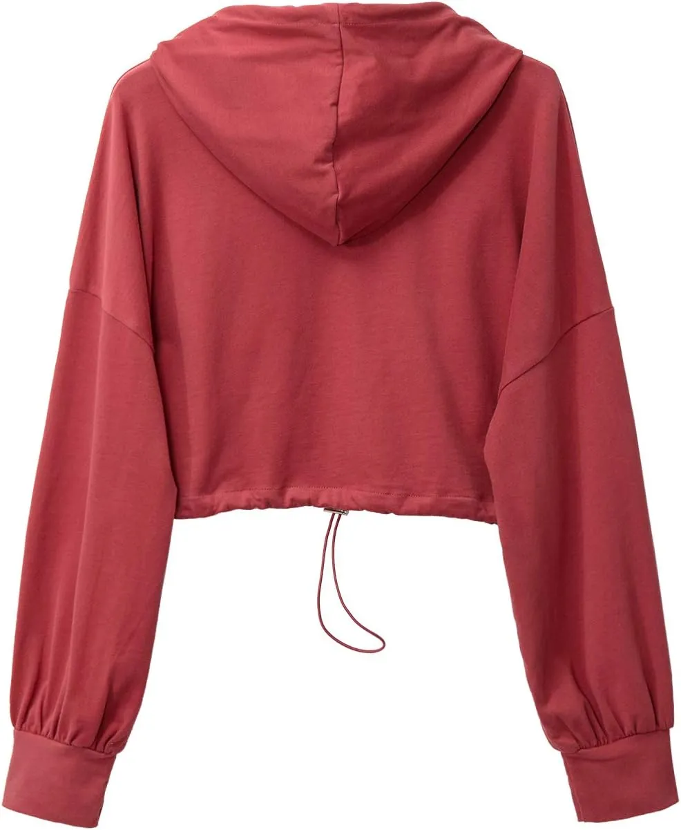 Amazhiyu Womens Pullover Cropped Hoodies Long Sleeve Drawstring Casual Crop Top