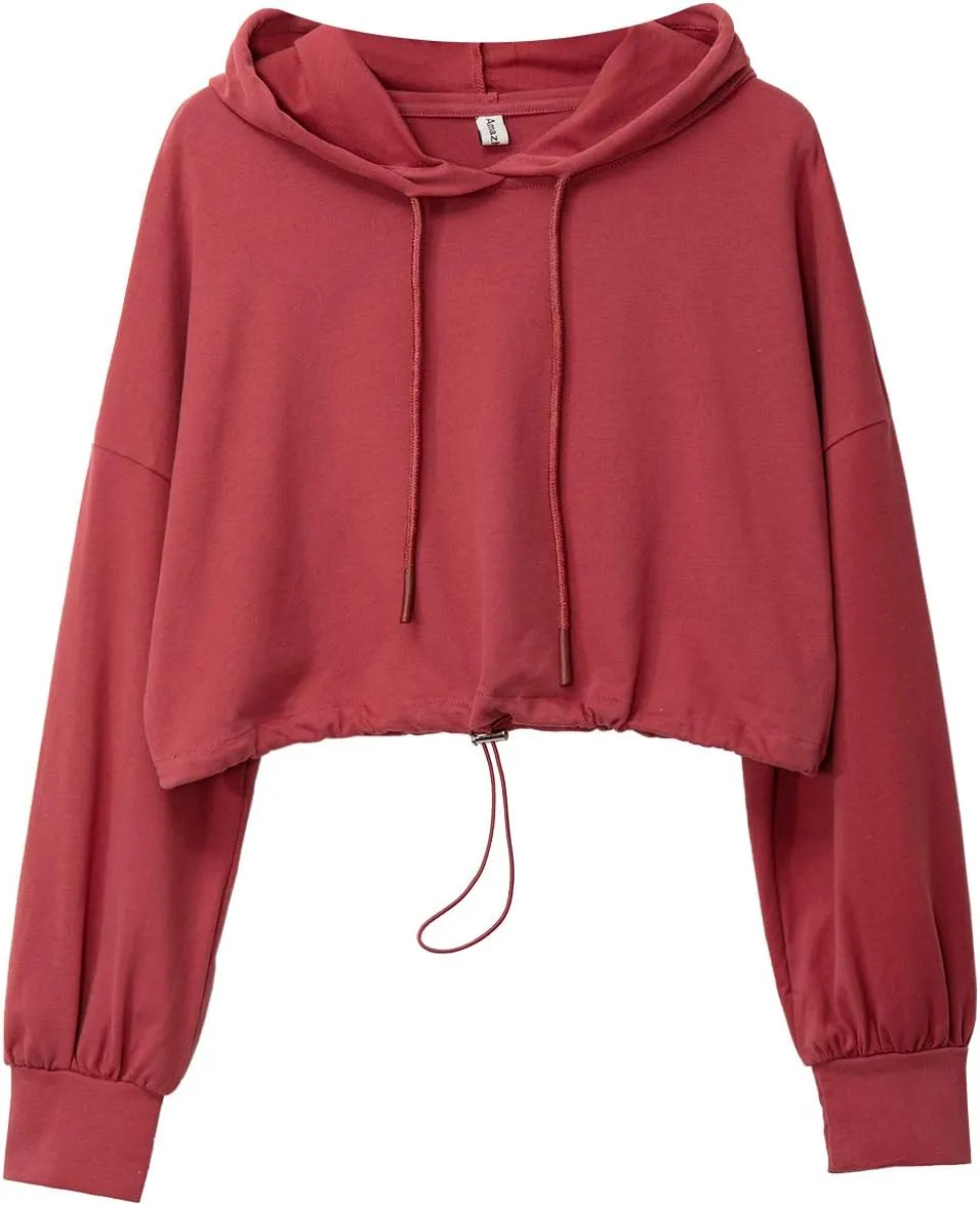 Amazhiyu Womens Pullover Cropped Hoodies Long Sleeve Drawstring Casual Crop Top