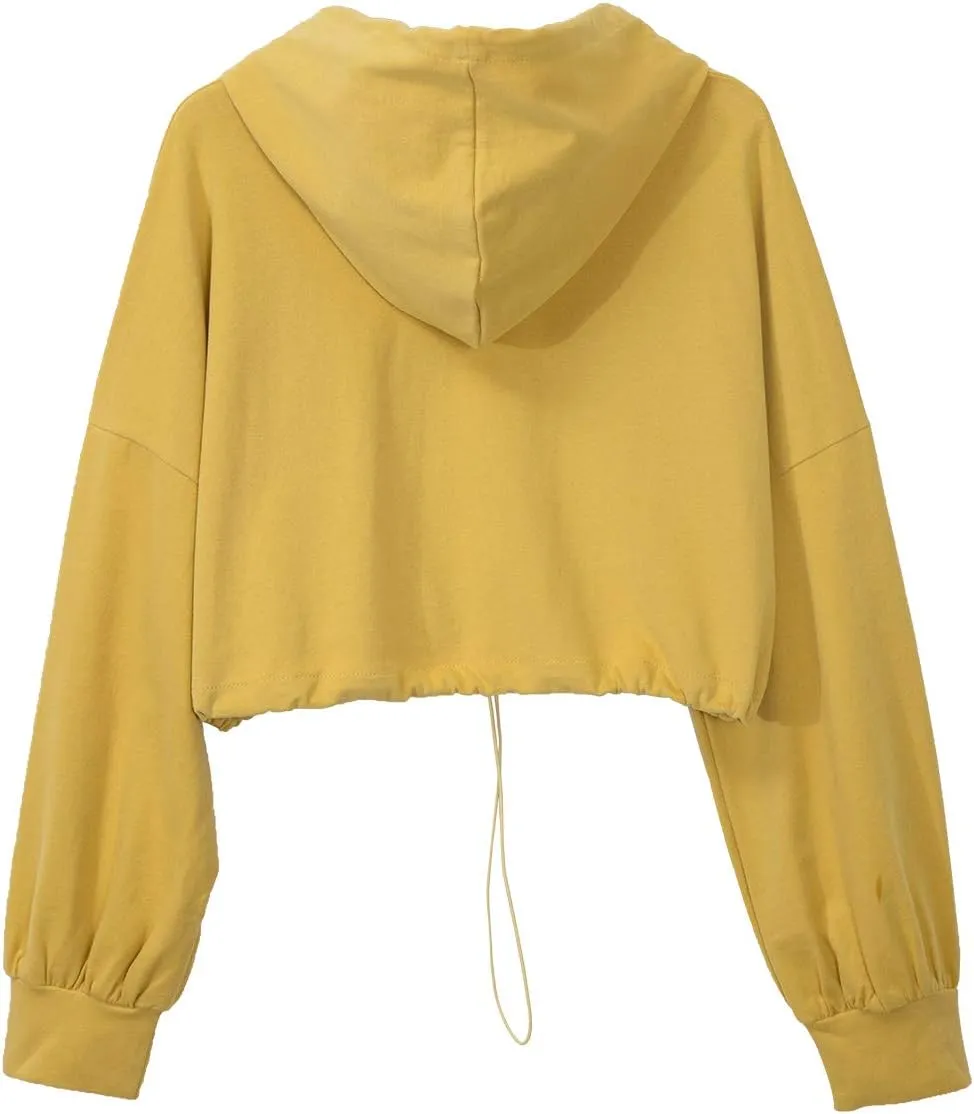 Amazhiyu Womens Pullover Cropped Hoodies Long Sleeve Drawstring Casual Crop Top