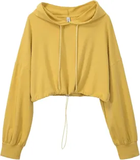 Amazhiyu Womens Pullover Cropped Hoodies Long Sleeve Drawstring Casual Crop Top