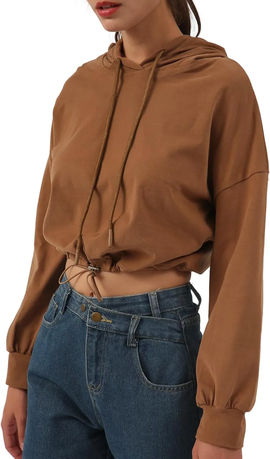 Amazhiyu Womens Pullover Cropped Hoodies Long Sleeve Drawstring Casual Crop Top