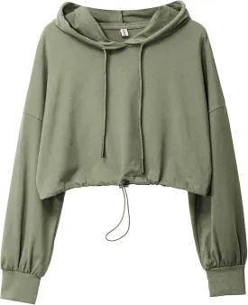 Amazhiyu Womens Pullover Cropped Hoodies Long Sleeve Drawstring Casual Crop Top