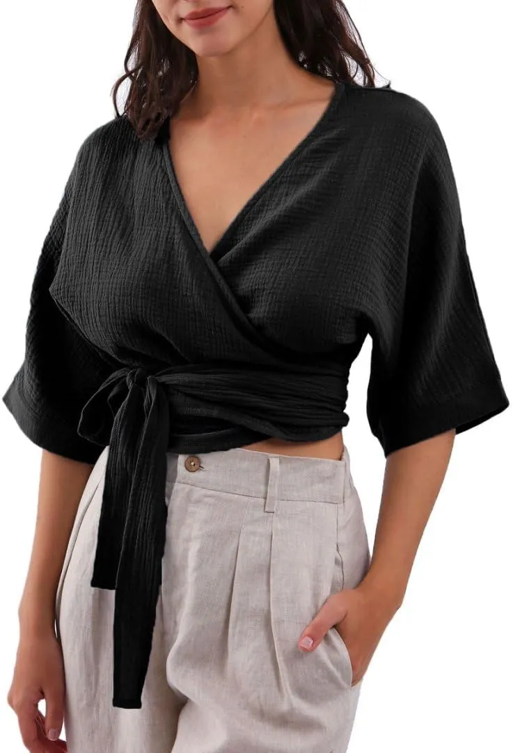 Amazhiyu Womens Summer Short Sleeve Crop Tops Cotton V Neck Self Tie Wrap Blouse