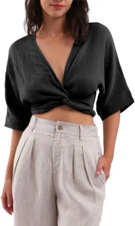 Amazhiyu Womens Summer Short Sleeve Crop Tops Cotton V Neck Self Tie Wrap Blouse
