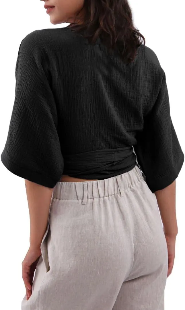 Amazhiyu Womens Summer Short Sleeve Crop Tops Cotton V Neck Self Tie Wrap Blouse