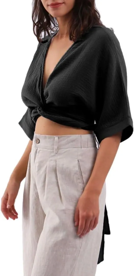 Amazhiyu Womens Summer Short Sleeve Crop Tops Cotton V Neck Self Tie Wrap Blouse