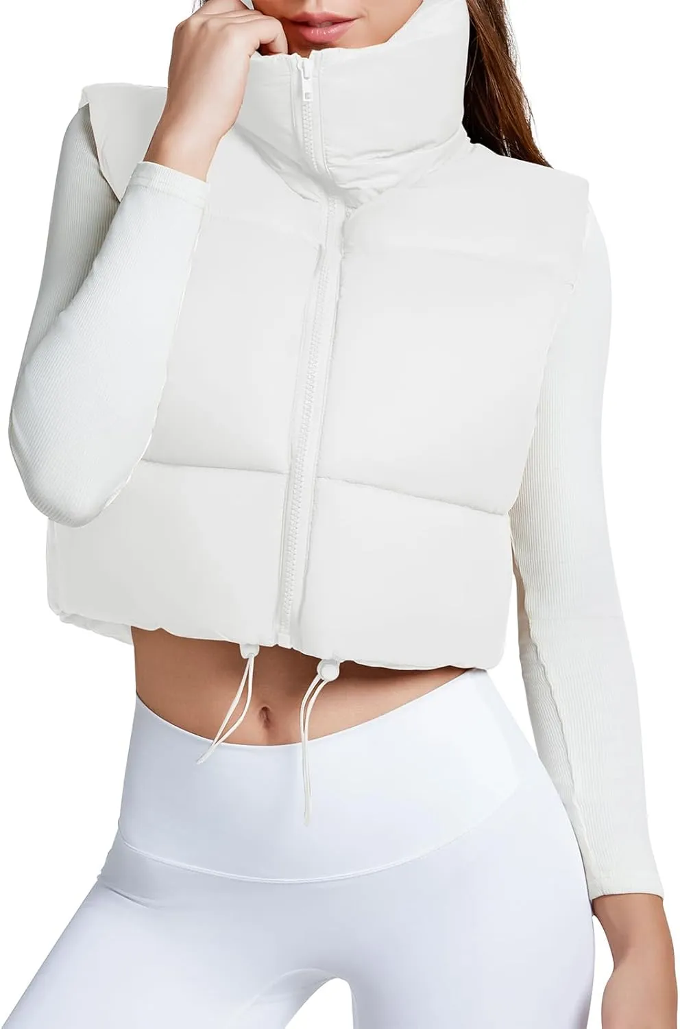 American Trends Womens Cropped Puffer Vests Sleeveless Puffy Vests Zip Up Stand Collar Puffer Vest Outfits