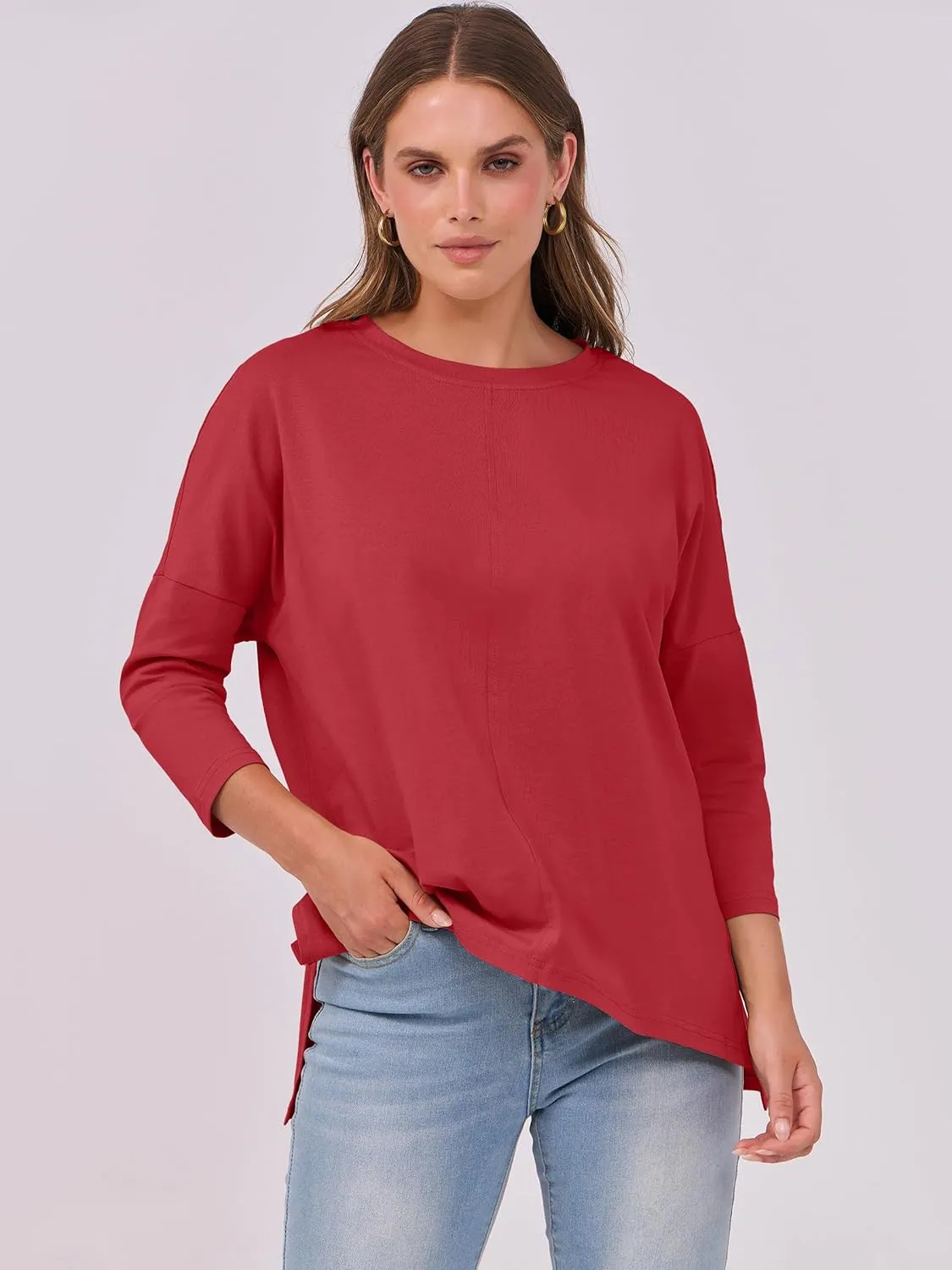 ANRABESS Womens 3/4 Length Sleeve Tops Loose Fit Tunic Shirts Oversized Spring Summer Casual Crew Neck Basic Boxy Tee