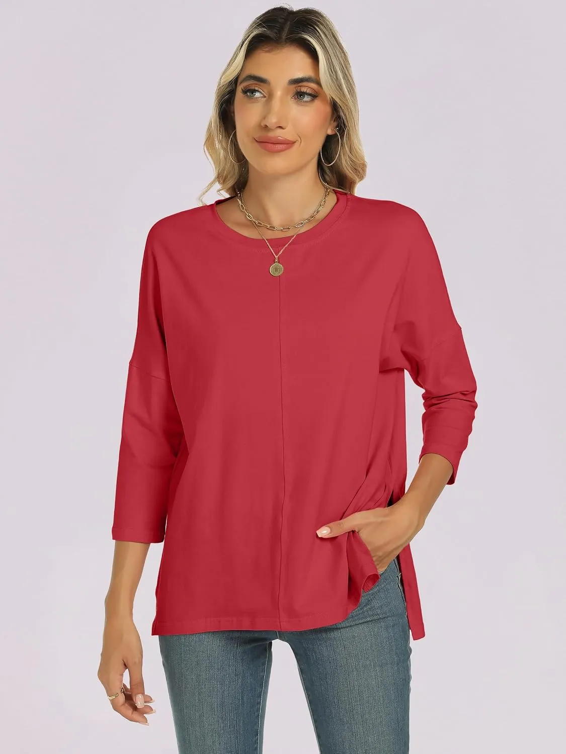 ANRABESS Womens 3/4 Length Sleeve Tops Loose Fit Tunic Shirts Oversized Spring Summer Casual Crew Neck Basic Boxy Tee