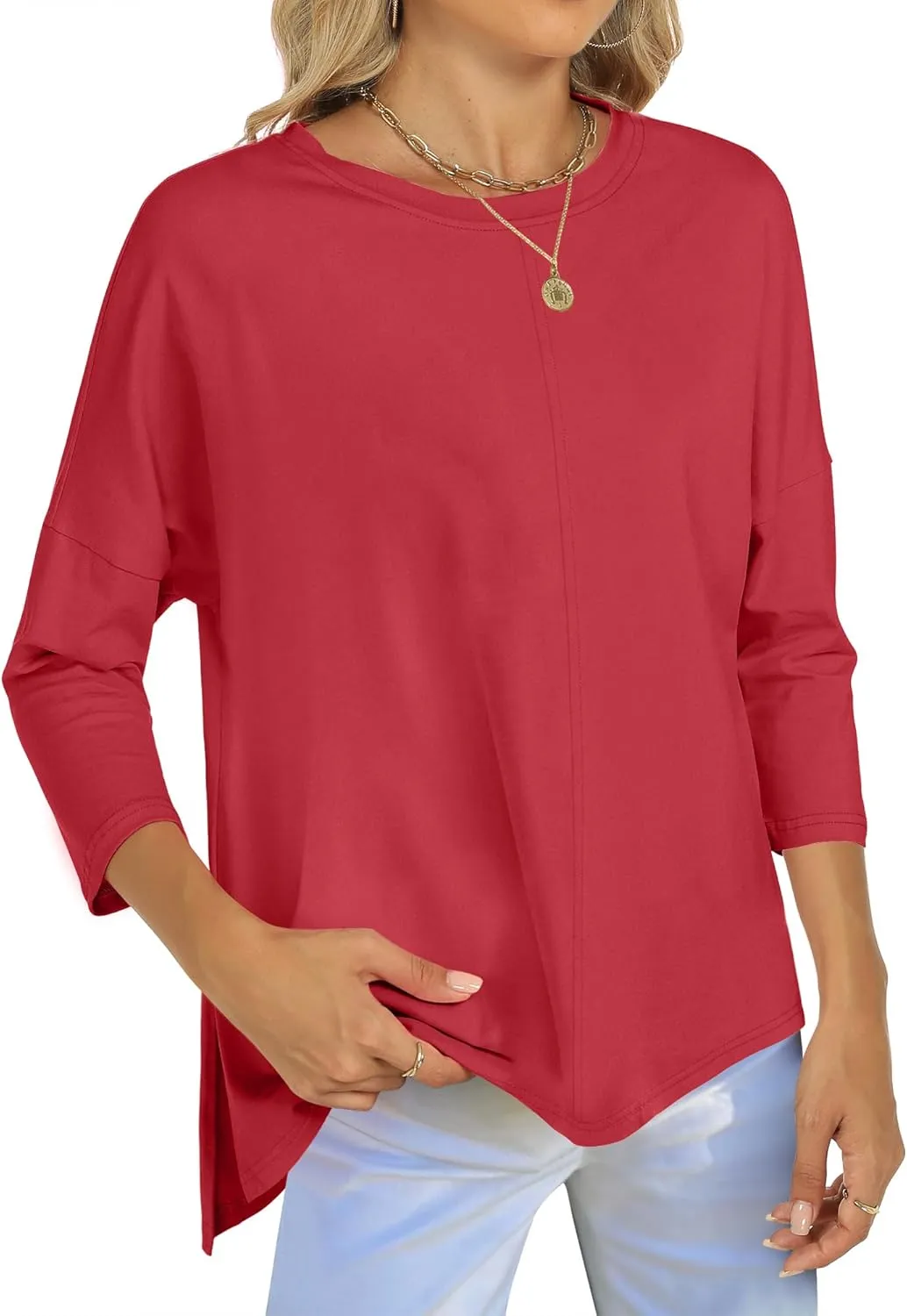 ANRABESS Womens 3/4 Length Sleeve Tops Loose Fit Tunic Shirts Oversized Spring Summer Casual Crew Neck Basic Boxy Tee
