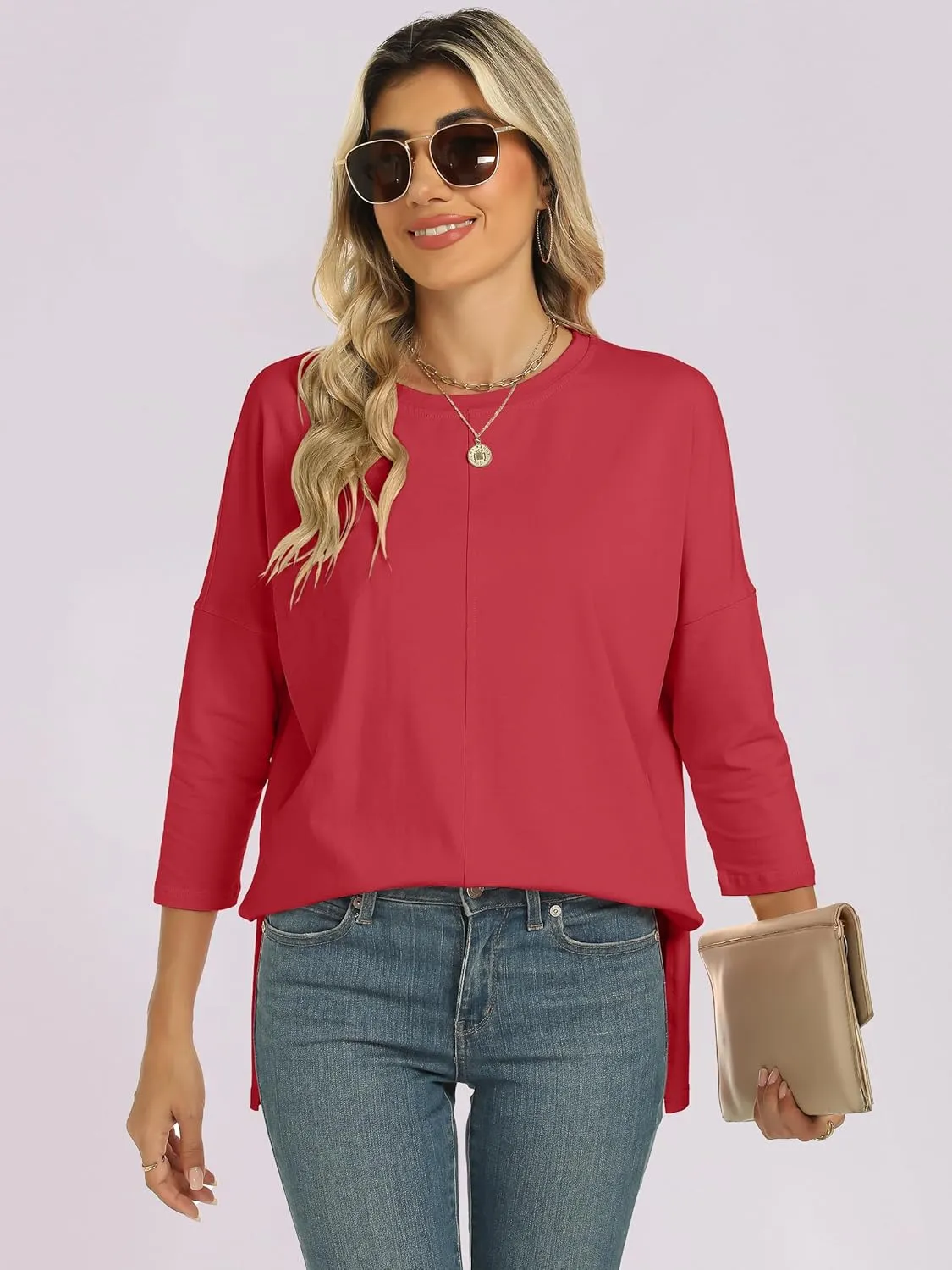 ANRABESS Womens 3/4 Length Sleeve Tops Loose Fit Tunic Shirts Oversized Spring Summer Casual Crew Neck Basic Boxy Tee