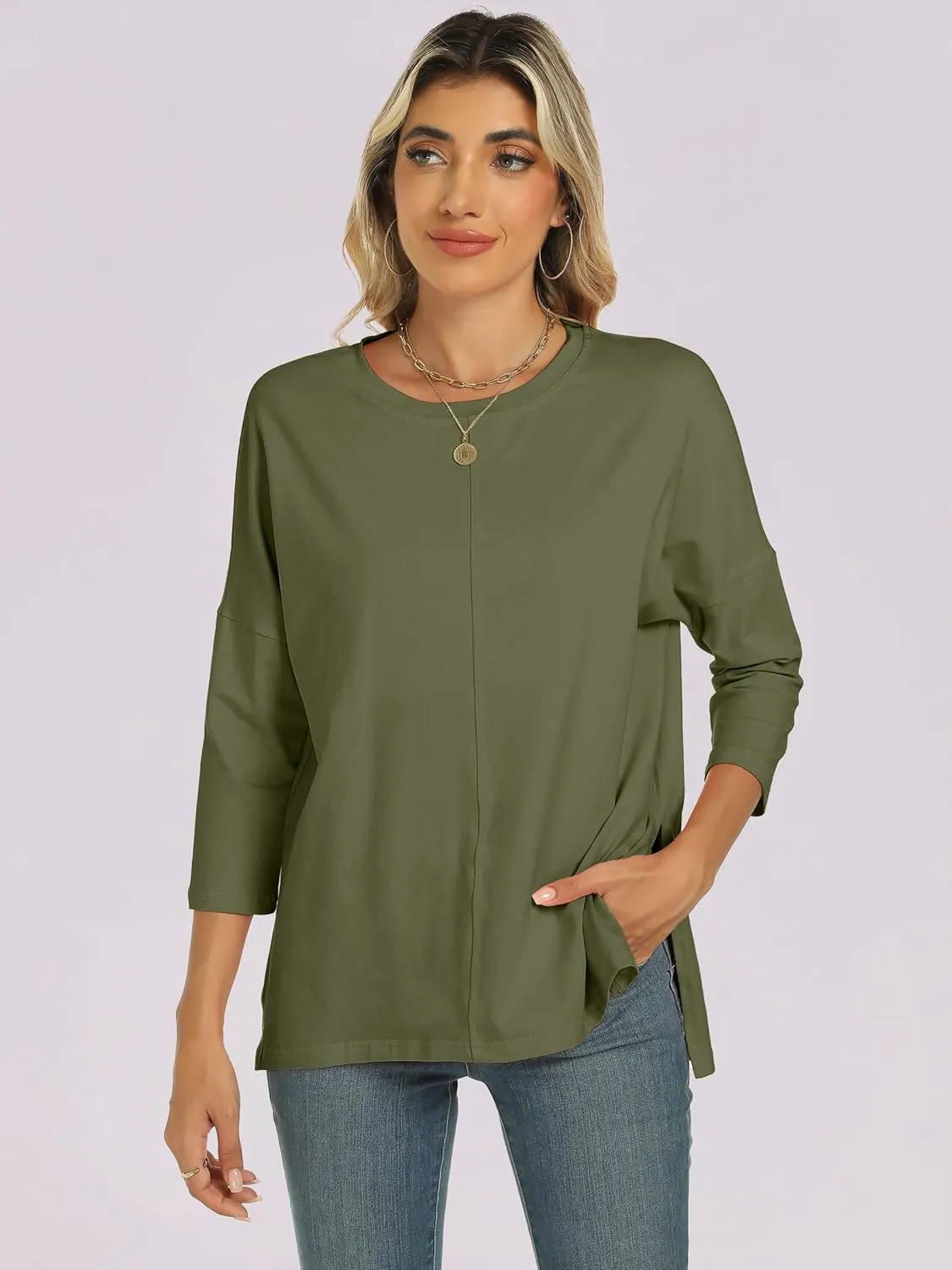 ANRABESS Womens 3/4 Length Sleeve Tops Loose Fit Tunic Shirts Oversized Spring Summer Casual Crew Neck Basic Boxy Tee