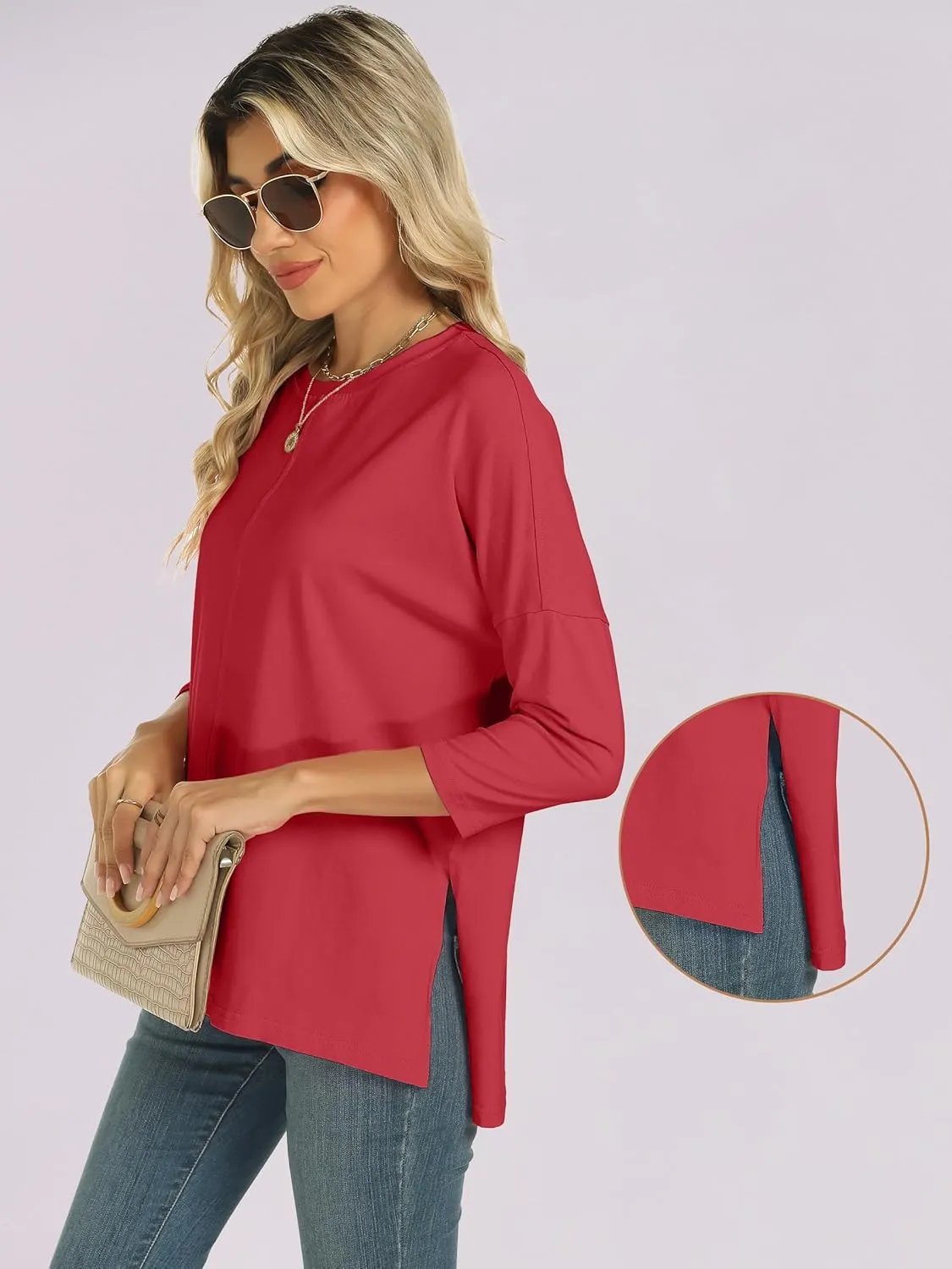 ANRABESS Womens 3/4 Length Sleeve Tops Loose Fit Tunic Shirts Oversized Spring Summer Casual Crew Neck Basic Boxy Tee