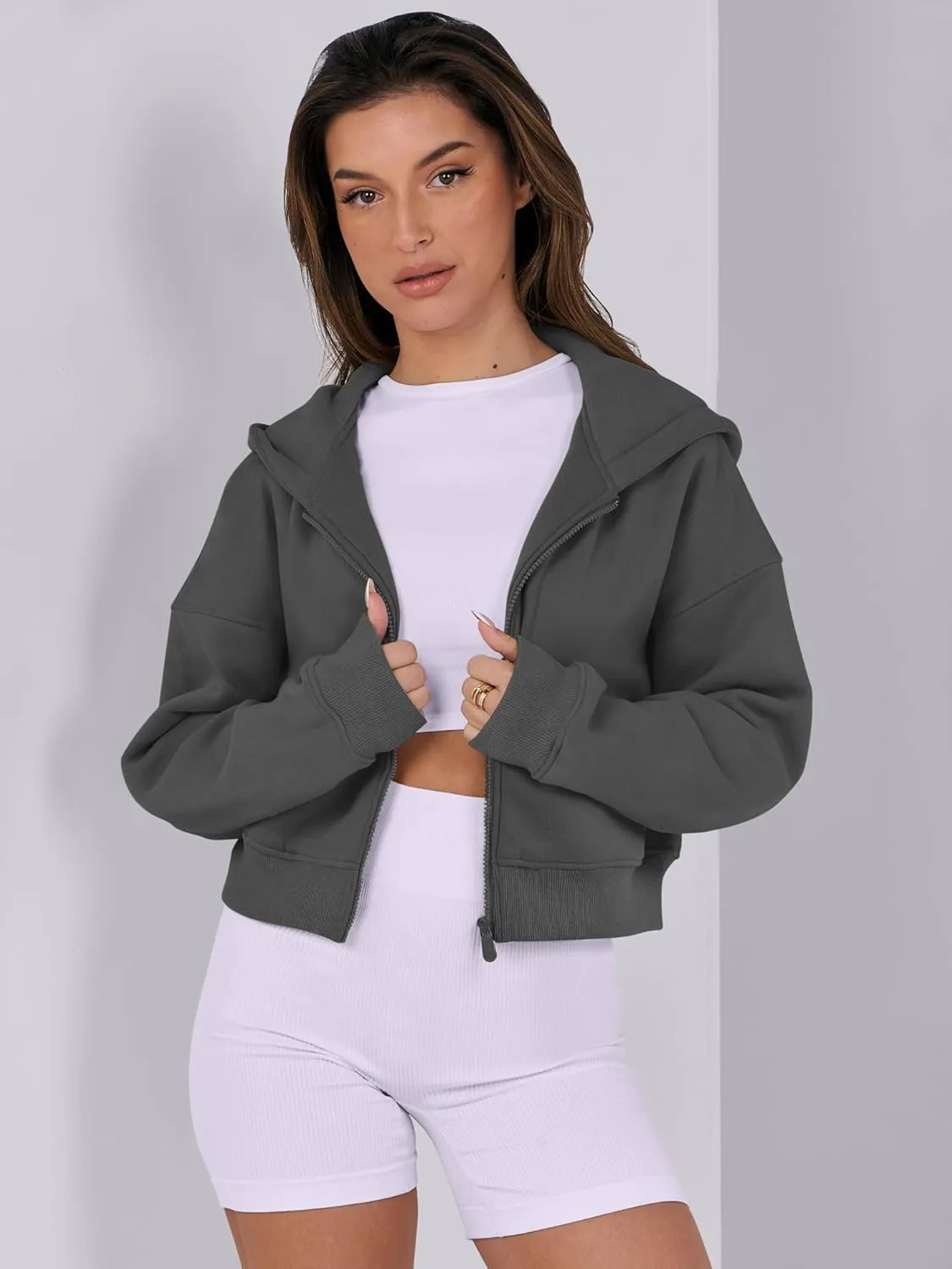ANRABESS Womens Zip Up Crop Hoodie Sweatshirts 2024 Fall Trendy Long Sleeve Cropped Jacket Top Winter Teen Girls Clothes