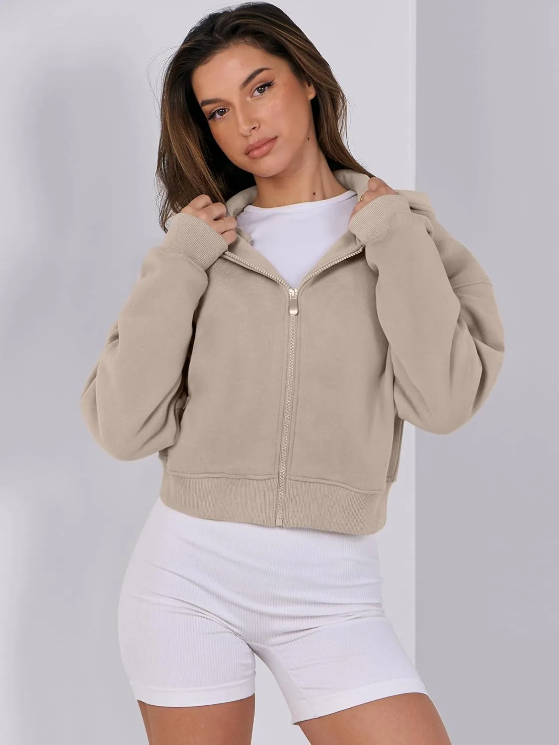 ANRABESS Womens Zip Up Crop Hoodie Sweatshirts 2024 Fall Trendy Long Sleeve Cropped Jacket Top Winter Teen Girls Clothes